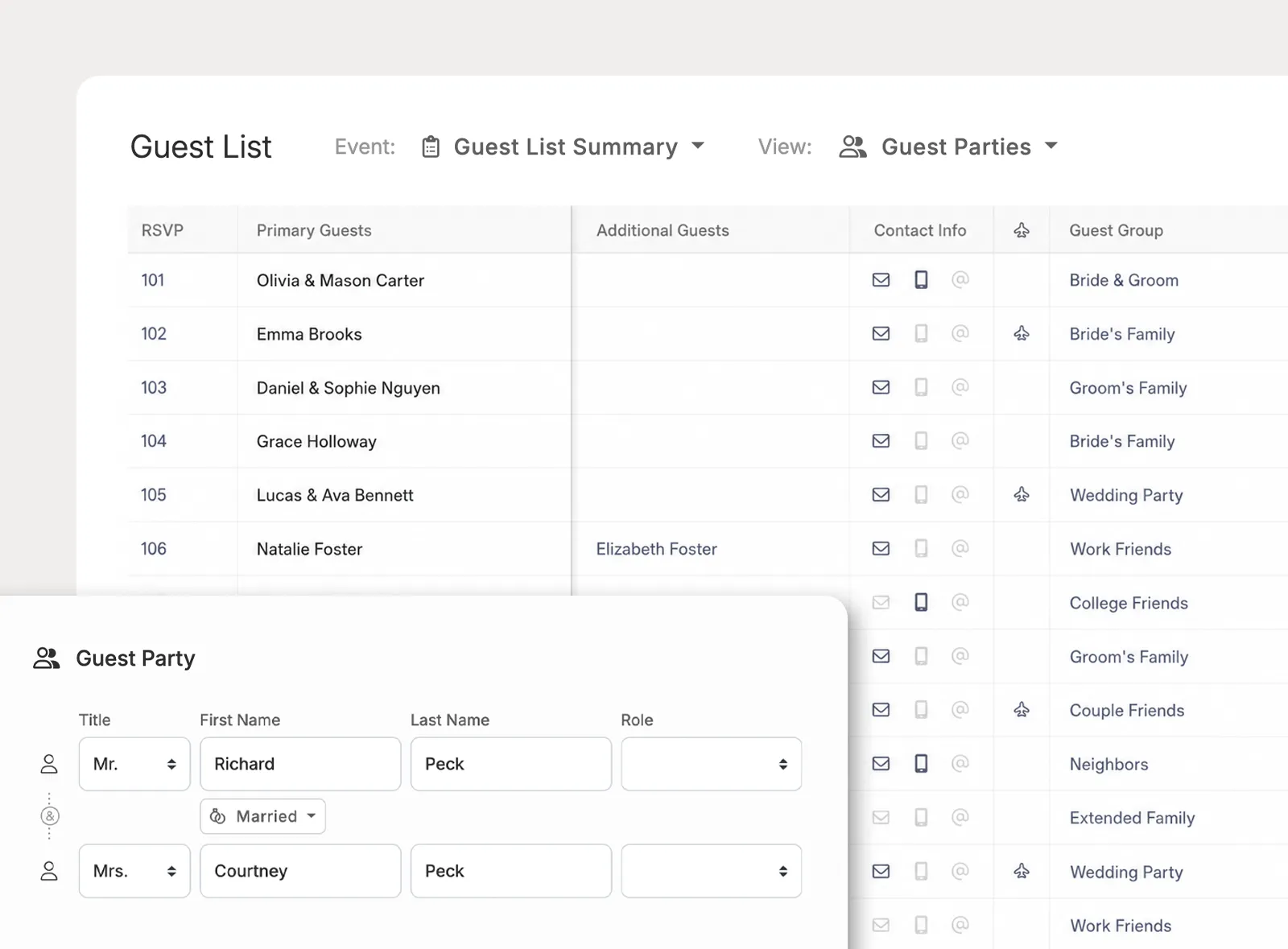 Organize households, plus-ones, and guest groups