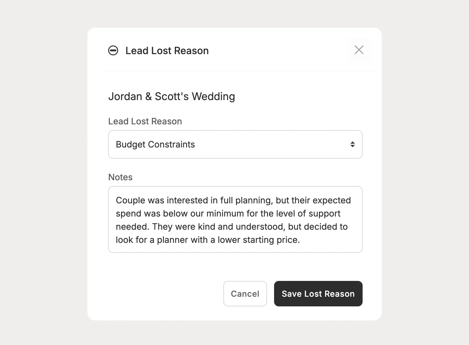 Record lost reasons